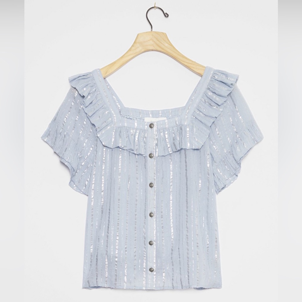 Anthropologie Shimmering Light Blue Ruffle Blouse short sleeve sequin sparkle